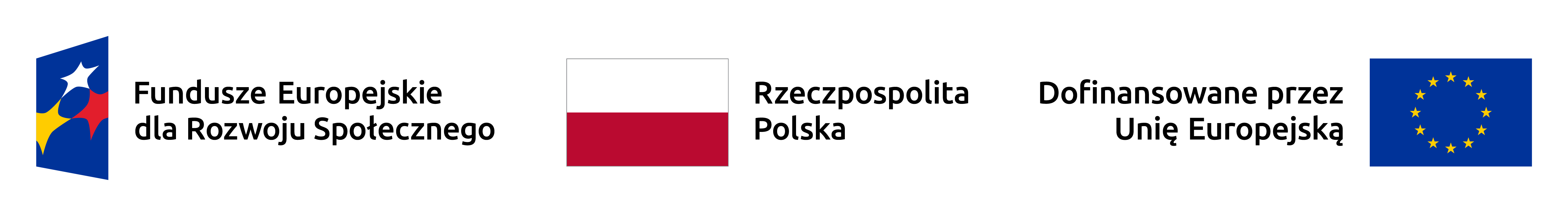 Pasek logotypów Funduszy Europejskich dla Rozwoju Społecznego, Rzeczypospolitej Polskiej oraz dofinansowania przez Unię Europejską