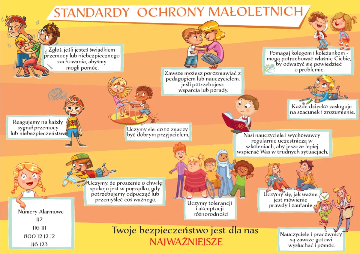 Ilustrowany plakat Standardy ochrony małoletnich z zasadami bezpieczeństwa dzieci i numerami alarmowymi