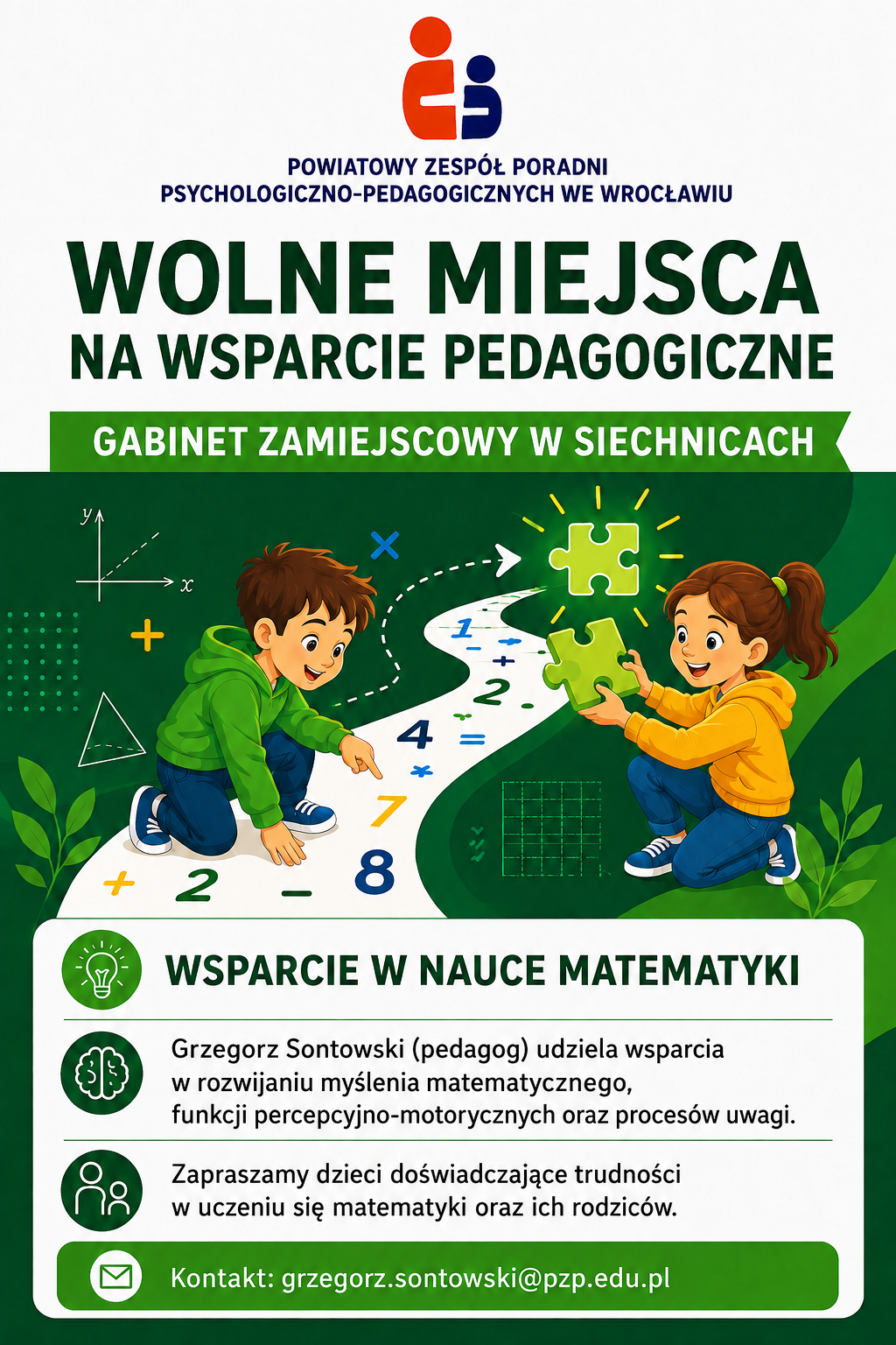 Plakat informujący o wolnych miejscach na wsparcie pedagogiczne w gabinecie w Siechnicach