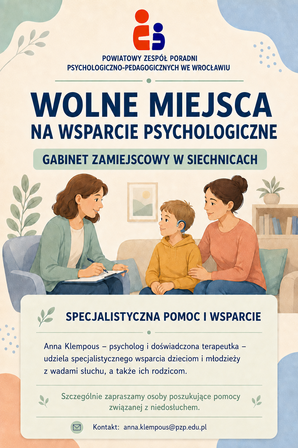Plakat informujący o wolnych miejscach na wsparcie psychologiczne w gabinecie w Siechnicach