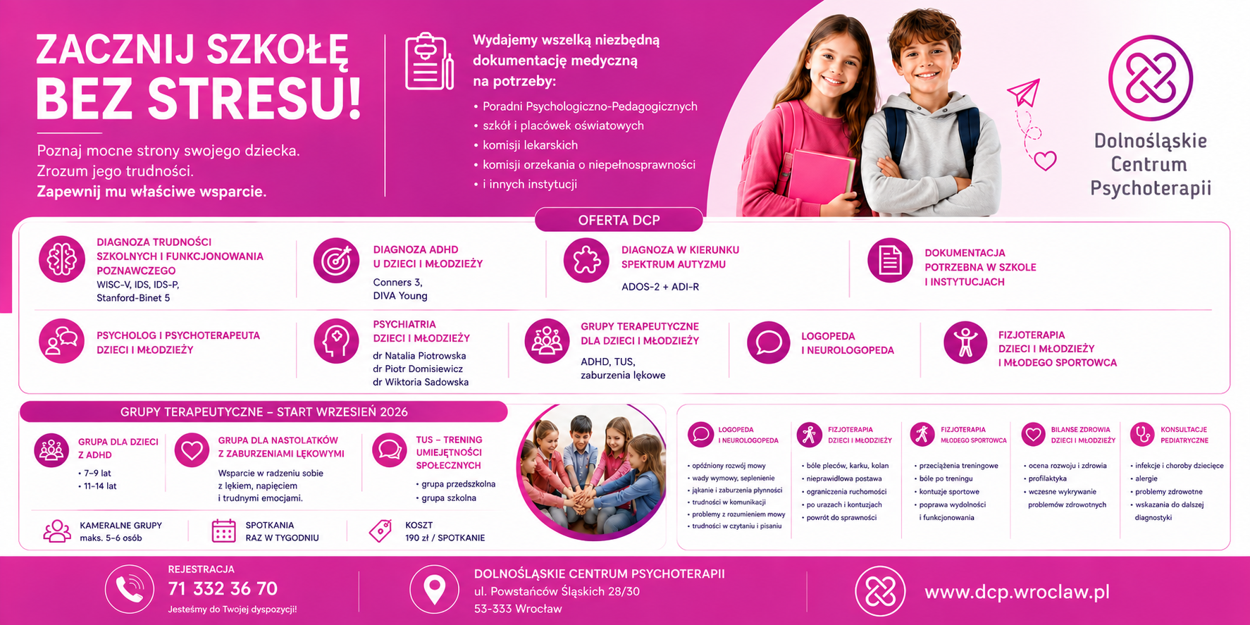 Plakat Dolnośląskiego Centrum Psychoterapii ZACZNIJ SZKOŁĘ BEZ STRESU - oferta diagnostyki i wsparcia dla dzieci, młodzieży i rodziców